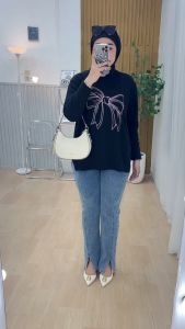 Atasan Wanita Kaos Knit Rajut Import Bordir Pita