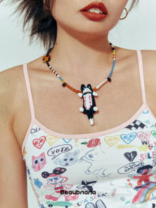 Yellow Banana Cat Design Necklace Womens Sweet Style Hand Hooked Flat Lay Durable Titanium Steel Fashion Jewelry Accessory