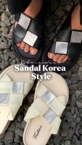 OKAIDO Sandal Flat Slides Wanita Cewek Perempuan Gaya Fashion Korea Style Manik Manik Petak Berlian