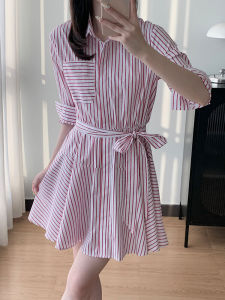 Pink Striped Heavy Rhinestone Belted Shirt Dress Early Autumn New Style French Style M Home Pure IULV24 High Waist A-Line Skirt
