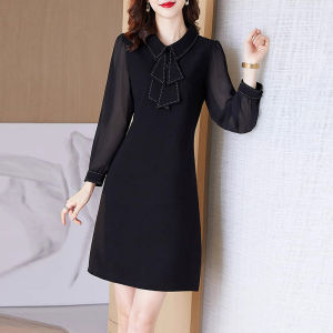 ชุดเดรสคอตุ๊กตาสีดำ กระโปรงทรงเอเอวสูง แขนยาว ทรงปกติ ชุดเดรสผู้หญิง ชุดทำงาน ชุดทำงาน ชุดทำงาน