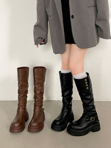 Giày Bốt Cao Đến Đầu Gối Màu Đen Cho Nữ Mùa Thu Đông Đế Dày Tăng Chiều Cao Mỏng Quần Leg Tăng Cường Kiểu Dáng Giày Bốt
