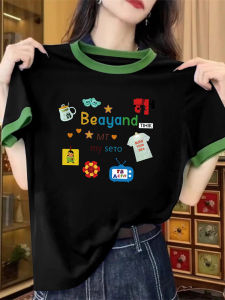 Summer 2025 American Casual Slimming Short Sleeve T-Shirt Womens Printed Color Block Trendy Top Straight Cut Korean Style