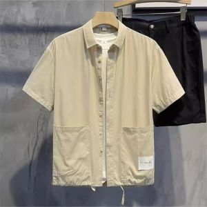 Loose Fit Mens Short Sleeve Shirt Vintage Japanese Style Artistic Casual Breathable Summer Fashion Double Pocket Trendy