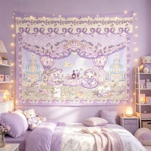 VIKAMA Tím Lolita Vườn Tiệc Trà Treo Tường Thảm Thỏ Đài Phun Nước Nơ Khung Hoa Kawaii Thẩm Mỹ Phòng Ngủ Trang Trí Nhà Polyester