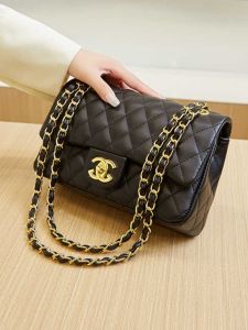 French Luxury Soft Leather Fashionable Diamond Chain Small Square Bag Single Shoulder Crossbody Handbag Commuter Lock Buckle