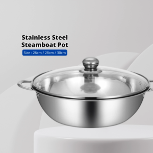 Yu 28cm/30cm Stainless Steel Double Handle Steamboat Pot/Hot Pot/Steam Bowl with glass lid/Shabu Induction Cooker Gas Stove Compatible Soup Pot/Periuk Besi Sup