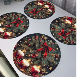 VIKAMA 4PC Winter Solstice Christmas Round Placemats Waterproof And Heat Insulating Table Placemats Festive Home Decoration