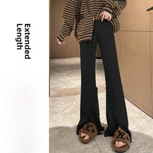 Black Soft Knitted High Waist Wide Leg Pants Womens Autumn Winter Slimming Drapey Casual Slit Fringed Micro Flared Trousers