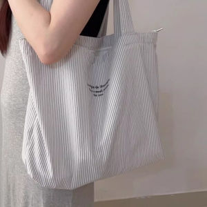 Relaxed Lazy Striped Canvas Tote Bag - Minimalist Design Large Capacity All-match Shoulder Bag for Daily Commuting