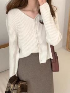 Áo Len Dệt Kim Cổ Chữ V 100% Len Dệt Kim Dáng Rộng Đa Năng Cho Nữ Áo Khoác Ngoài Màu Trơn Cổ Điển Mùa Thu Đông