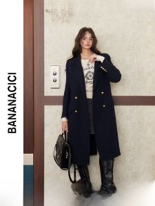 BANANA CICI | Áo Khoác Lông Cừu Hai Mặt Kiểu Vintage Đôi Khuy Ngực Dài Trung Bình