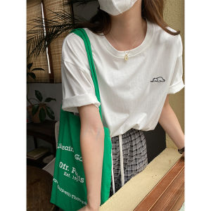 Three Percent Embroidered Loose Short Sleeve T-Shirt Female Korean Style round Neck Print Animal Pattern Cotton Casual Top