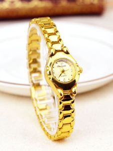 นาฬิกาข้อมือสตรี สายโซ่โลหะ สายโซ่แบบสร้อยข้อมือ สไตล์มินิ นาฬิกาควอตซ์ขนาดเล็ก หน้าปัดกลม สายหนังสีทอง