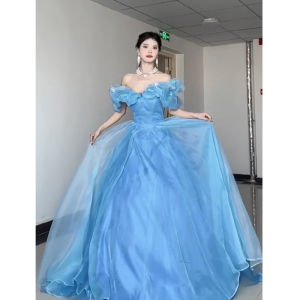 Blue One-Shoulder Evening Gown Princess Style High Waist Long Skirt for Women Student Art Exam Performance Host Escape Princess Skirt