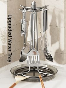 BW | Stainless Steel Kitchen Countertop Pot Spoon Holder Rotatable No Drilling Required Hook Rack Nordic Style Storage Organizer