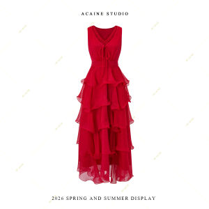 Long Lace V-Neck Ribbons Shimmer Tiers Dress