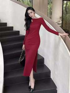 ชุดเดรสยาวทรงเอเข้ารูปสไตล์ฝรั่งเศส ดีไซน์เก๋ไก๋ เดรสยาวทรงเอเข้ารูป ชุดราตรี เดรสยาวปานกลาง เดรสยาวปานกลาง