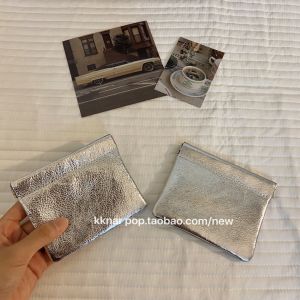 Silver Small Square Bag ~ First Layer Cowhide Simple Coin Purse Portable and Simple Fashion Ins Korean Style Ultra-Thin Card Storage Case