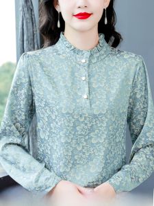 Long Sleeves Silk Jacquard Shirt for Women Spring New Arrival Stringy Selvedge Stand-up Collar Elegant Mulberry Silk Top Ladieswear Western Style Shirt