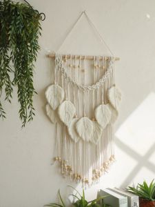 Boho Leaf Macrame TapestryทอแขวนผนังTapestry Home Wall Decorลูกปัดไม้หัตถกรรมห้องนอนห้องนั่งเล่นDecorความงามของขวัญ