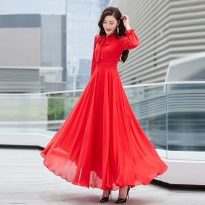 ชุดเดรสยาวผ้าชีฟองแขนยาวผูกโบว์คอสำหรับผู้หญิง ชุดเดรสยาวทรงเอ ชุดเดรสยาวสำหรับไปเที่ยวในช่วงฤดูร้อน