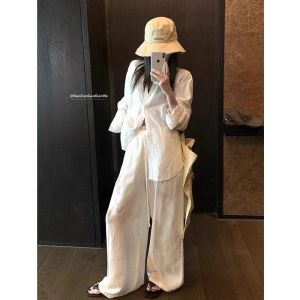 White Linen Shirt Women Summer Loose Lazy Loose Feel Open Cardigan Long Sleeve Sun Protection Cotton Linen Top Thin Polo Collar