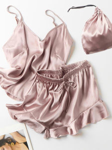 สไตล์ฝรั่งเศส เซ็กซี่ Thin ผ้าไหม Ice Chemise Nightgown With สายคล้อง Home Clothes Short กางเกง ชุดสองชิ้น คอวี Bowknot ชุดราตรี