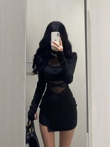 Black Long Sleeve Wrap Bodycon Dress Womens Early Autumn High Waist Slimming Mini Dress Korean Style round Neck A-Line Skirt