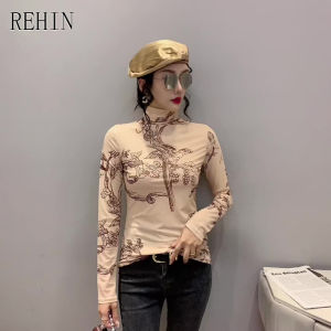 REHIN ผู้หญิงฤดูใบไม้ร่วงใหม่ Slim บางคอสูงแขนยาวเสื้อยืดแฟชั่นการพิมพ์ตาข่าย Elegant Retro เสื้อ