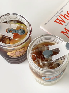 HANNAHKIDS Ins Korean Cute Glass Straw Cup with Lid Coffee Cup Ins吸管玻璃杯