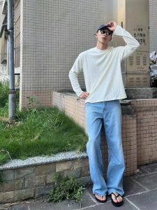 Light Blue Mens Straight Leg Jeans Elastic Slim Fit High Street Micro Flared Pants Autumn Season Cleanfit Youthful Trend