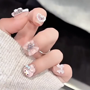 YADORNOS 24Pcs Manikur Merah Muda Dopamin Melodi-Kuku Karakter Kartun Busur 3D Lucu-Buatan Tangan-Dapat Dilepas dan Digunakan Kembali