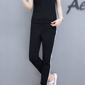 Womens Casual Sportswear Set Summer 2024 New Splice Large Size Fashion Short Sleeve Nine-Piece Pants Two-Piece Suit Polyester Fiber