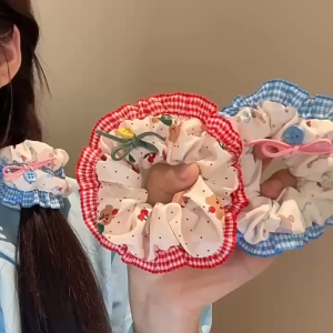 Dây Cột Tóc vải scrunchies in hoa tiết nhún bèo caro đính nơ cho nữ