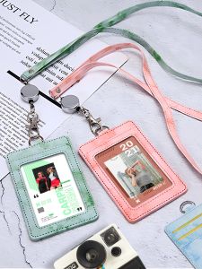 Fashionable PU Leather Multi-Slot Bus Metro ID Card Holder Protective Sleeve for Work Badges Easy Clip Lanyard Wrist Strap Badge Bag