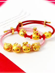 Gold Plated HelloKitty Cat Charm Bracelet Beads Simulation Kt Hand Cord Diy Spacer Beads Korean Style Fashion Jewelry for Women