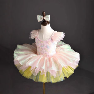 THEEPER Kids Ballet Clothes Sequins 3D Flower Petal Ballet Tutu Dress for Girls Flutter Sleeves Dance Dresses for Girls