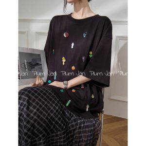 Black Fashionable Loose Short Sleeve T-shirt with Beads and 3D Decorative Design