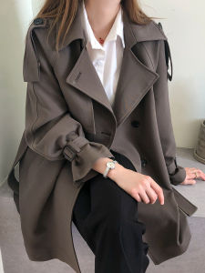 Elegant Long Womens Coat Spring Autumn plus Size Street Style Fashionable Commute Korean Version Double Breasted Pure Color