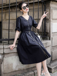 Elegant French V-neck Dress Womens Summer 2025 New High Waist A-line Skirt Cotton Soft Index All Seasons Short Sleeve Long Dress