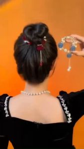 Vòng kẹp tóc hoa tua rua hỗ trợ búi cao đuôi ngựa kẹp búi tóc hoa hồng và xanh sang chảnh tiểu thư nữ tính Hàn Quốc