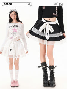 กระโปรงทรงเอผูกโบว์ผีเสื้อสไตล์หวาน กระโปรงสั้นผ้าลูกไม้ กระโปรงทรงเอผ้าผสมคอตตอนผสมสำหรับผู้หญิง ฤดูใบไม้ร่วง 2025 กระโปรงสั้นผ้าผสมคอตตอนผสม