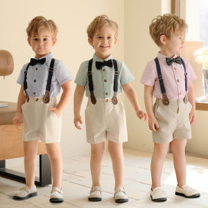Childrens Spring Summer Short Sleeve Suit Shirt And Overalls Host Performance Outfit Cotton 100% British Style Striped