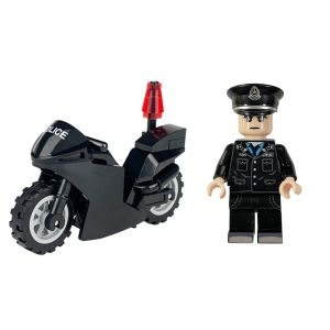 Police Figure and Motorcycle Building Block Set Rideable with Realistic Rubber Tires for Pushing