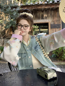 New Chinese Style Patchwork Denim Jacket Womens Spring 2025 Loose Casual Short Popular Top round Neck Other Material 100%