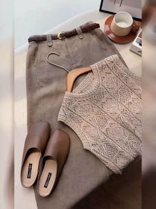NUMEN BUTTON | Retro Leisure Summer Outfit Sleeveless Hollow-out Knitted Vest & Wide-leg Pants Set