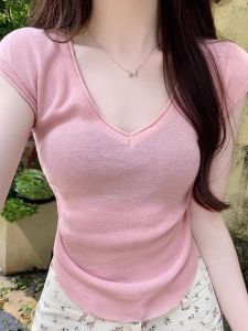 PEIXI | Pink V-Neck See-Through Fitted Knit T-Shirt