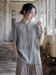 Linen Short Sleeve Shirt Women Summer 2025 New Artistic Personality Dyed Chinese Style Thin T-Shirt round Neck Regular Length