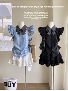 Preppy Style Flying Sleeve Cake Dress Suit Womens Summer T-shirt Tops + Bubble Skirt Niche Style Chic Two-piece Set